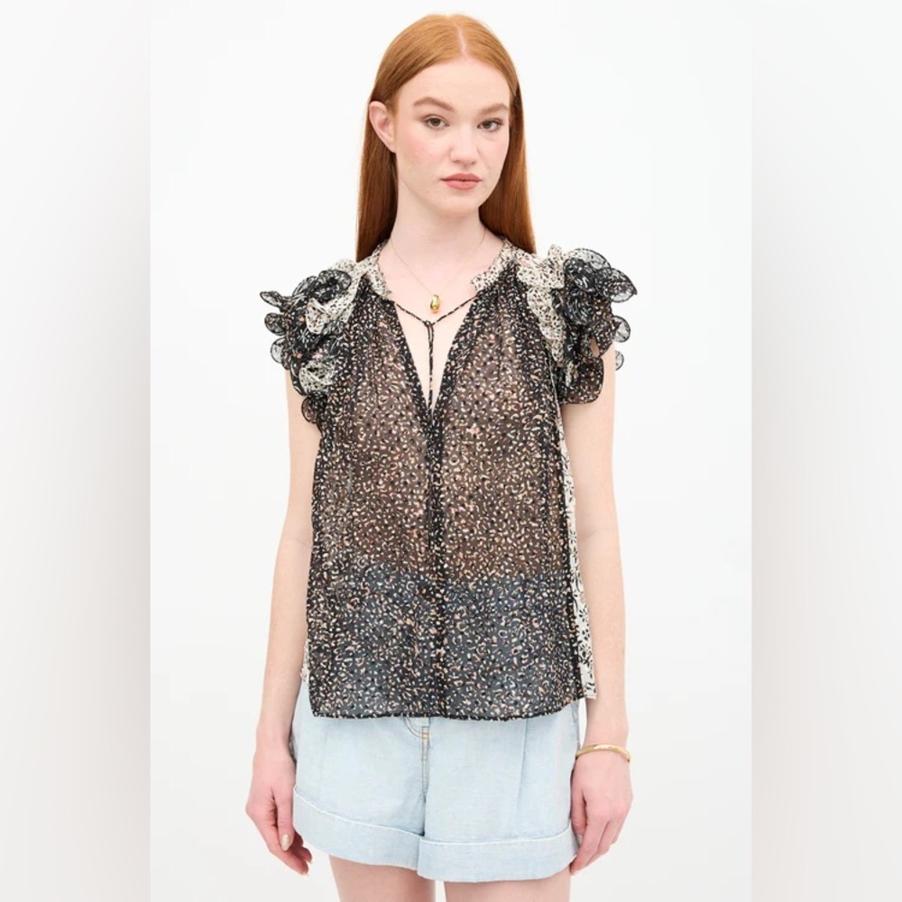 Ulla Johnson Silk Sheer Ruffle Sleeve Black and White Blouse Size 6